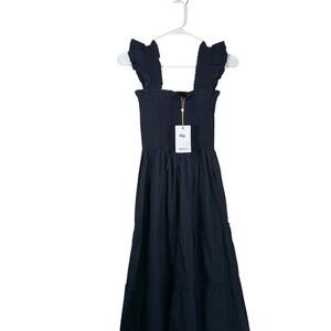 New Quince Navy Blue Organic Cotton Poplin Smocked Midi Dress Women's Small